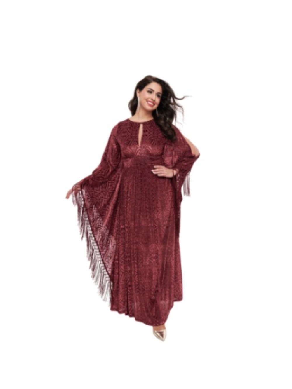 Unique Vintage flutter sleeve Kaftan Dress  Fringe Detail & cold shoulder design - Picture 8 of 17